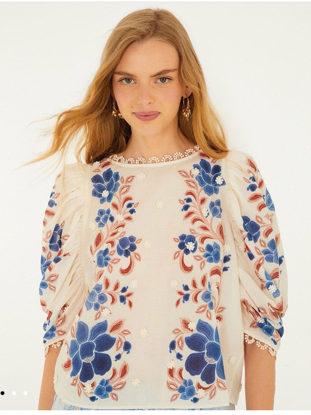 FARM Rio Ivory Puff-Sleeve Blouse with Blue & Rust Floral Embroidery - Picture 4 of 6